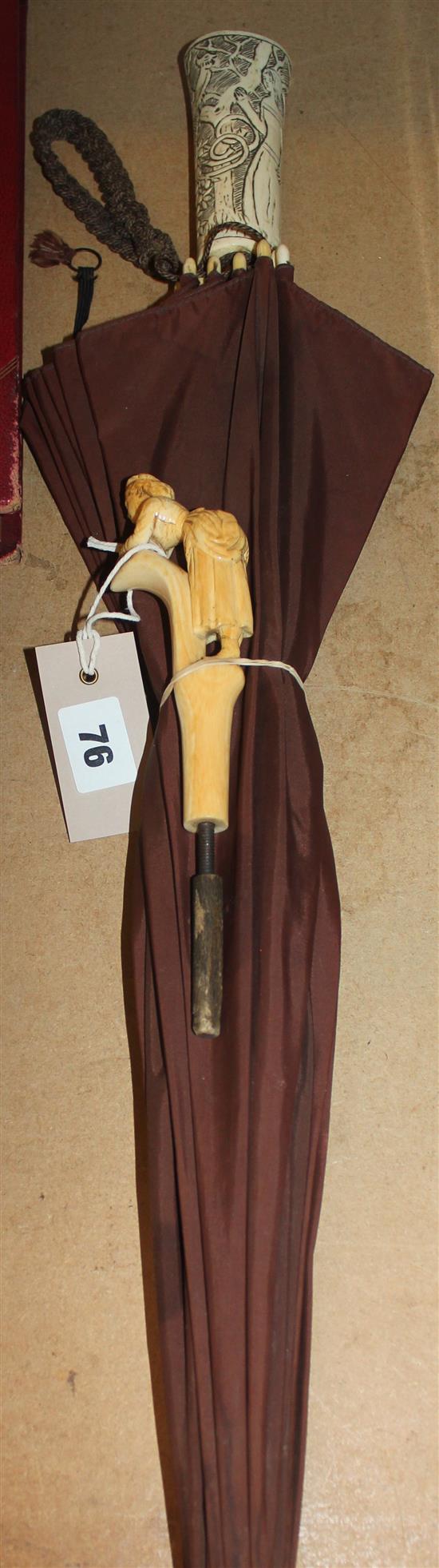 Carved handled brolly & carved ivory handle